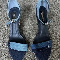 Dolce and Gabanna Patchwork denim sandals with baroque DG heel sz 10