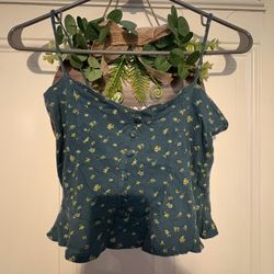 Me to We Cute Teal/Blue Ditsy Floral Print Ruffle Hem Crop Cami Adjustable Straps Small