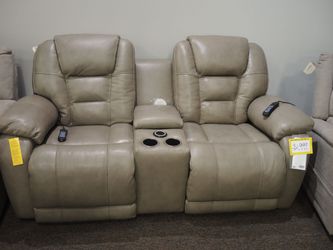 Homestretch Bronco Leather Power Console Loveseat - Taupe | Small Sofa | Two-Seat Couch