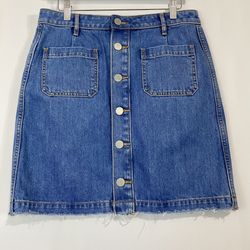 Loft Outlet Women’s Button Down Denim Mini Raw Hem Skirt Medium Wash Size 6