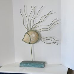 Fish on Stand Sculpture Figurine center piece, Nautical Stoneware Metal 29.5’’ Tall  