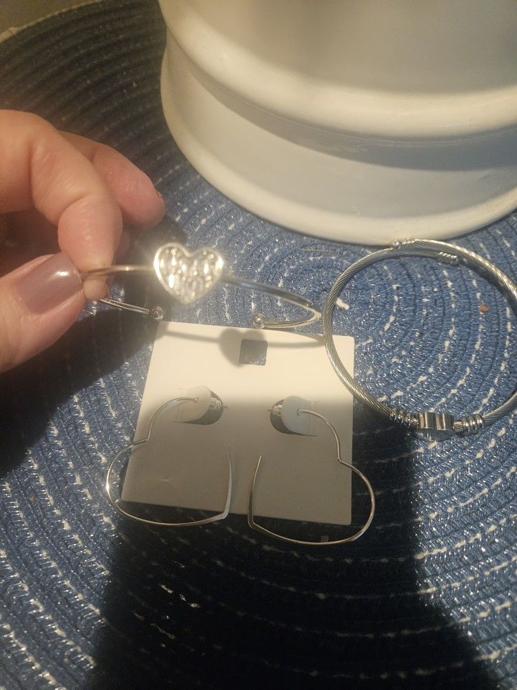 Heart Earrings And 2 Bracelets