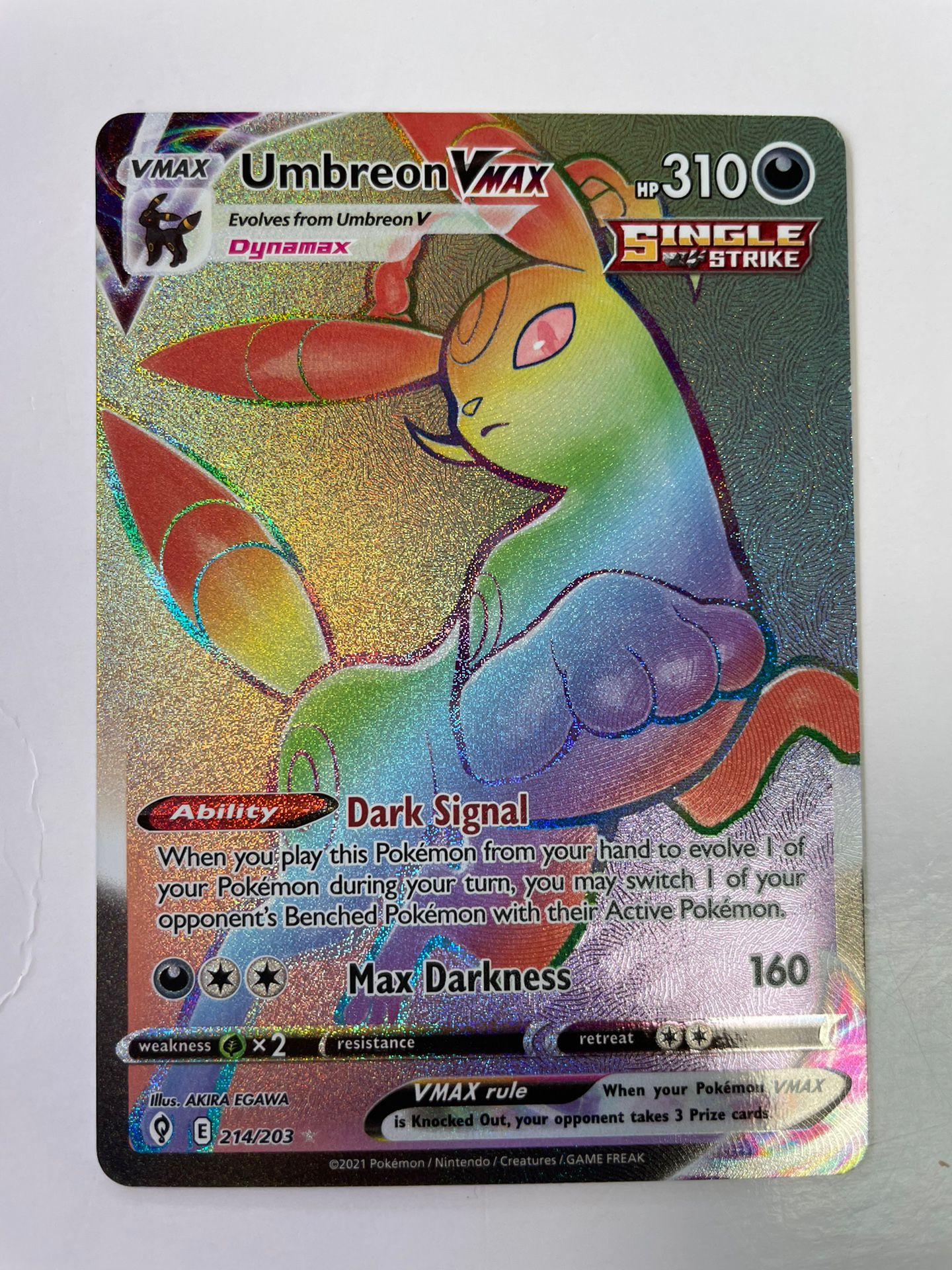 rainbow umbreon pokemon card TCG 214/203 VMax Evolving Skies Ultra Rare Mint for Sale in Chula Vista, CA Heavily Played /// Heavily Played Foil Cards in Heavily Played (HP) condition show a major amount of wear Umbreon VMAX Rainbow (Singles) –