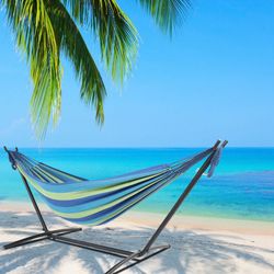 Double Brazilian Cotton Hammock with Space Saving Steel Stand - Blue