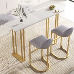3 Pieces-63" Tall White  Bar Table w/ Gold Frame With Chairs  [NEW IN BOX] **Assembly Required**