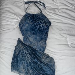 Blue leopard print one peice swimsuit with coverup skirt 