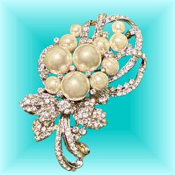 Vintage 2000s Modern Statement Silver Faux Pearl Rhinestone Floral Brooch, 3x2”