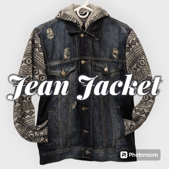 Jean jacket with fleece and hood. Tribal design on fleece. Women's medium. 