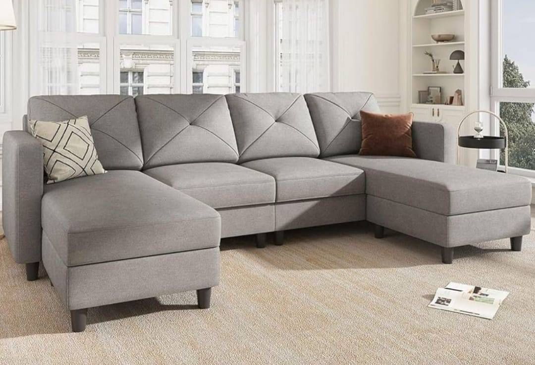 HONBAY U Shaped Sectional Couch Convertible Sectional Couch with Double Chaise 4 Seat Sectional Sofa for Living Room Light Grey
