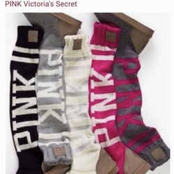 Victoria Secret PINK Sweater Knee High Slipper Mukluk Boots Size 8 Gray/White