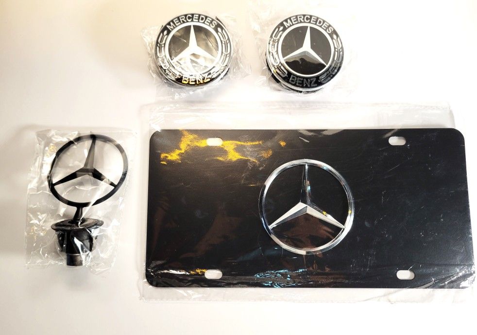 For Mercedes Benz Black Hood Ornament Star, License Plate & Center Caps BUNDLE!!