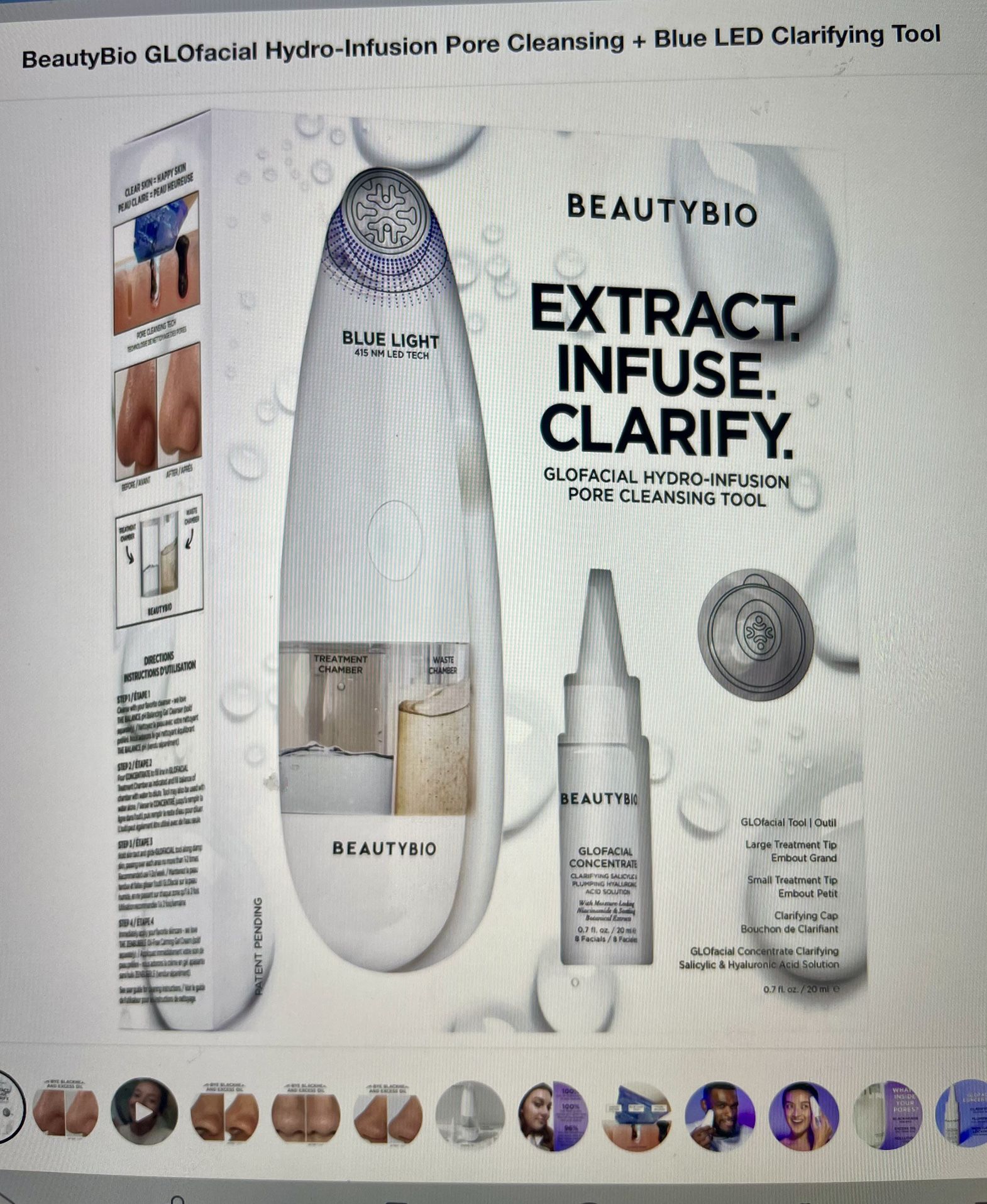 Beauty bio GLO facial Hydro infusion, poor cleaner plus blue LED clarifying tool