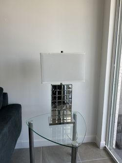 Modern Chrome Table Lamp with Glass Base and White Fabric Shade