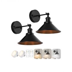 Black Vintage Wireless Battery Operated Wall Sconces, Industrial Cordless Battery Powered Led Wall Lights Set of 2, Wall Lamp Fixture