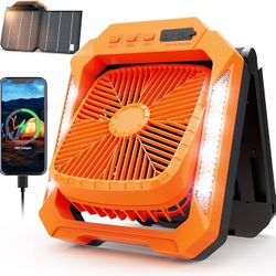 Brand New 26800mAh Portable Fan Rechargeable with 18W Detachable Solar Panel, Quiet Battery Powered Camping Fan Cordless with LED Lantern,3 Speed,Time