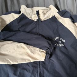 Perry Ellis navy and beige tan khaki color windbreaker
