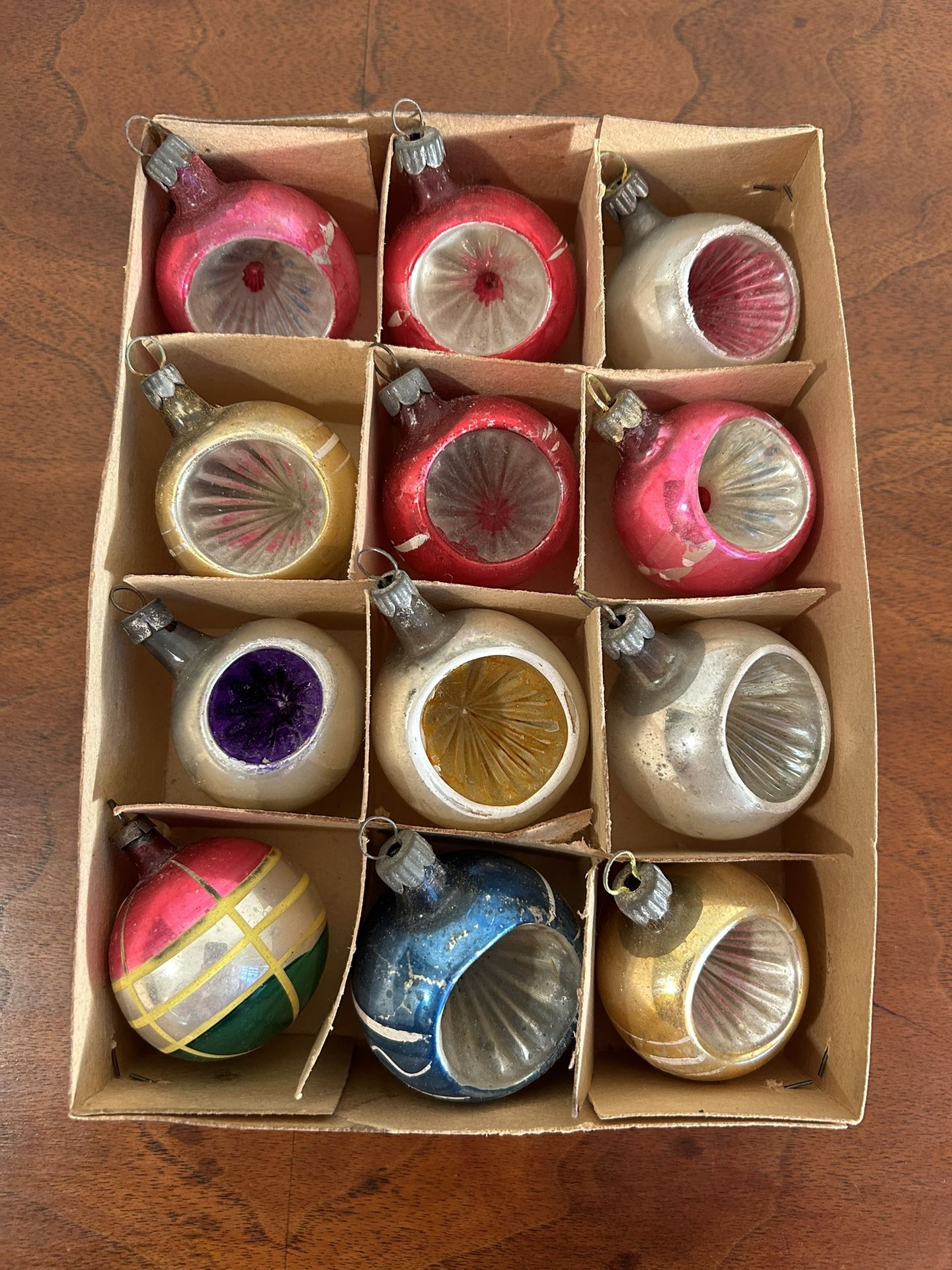 Vintage box of 12 Christmas Ornaments- indent, mica, Poland