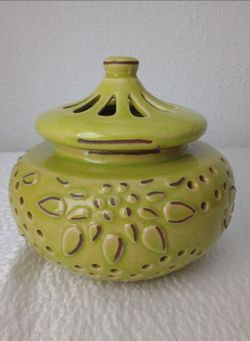 Green Ceramic Lidded Jar with Cutout Design