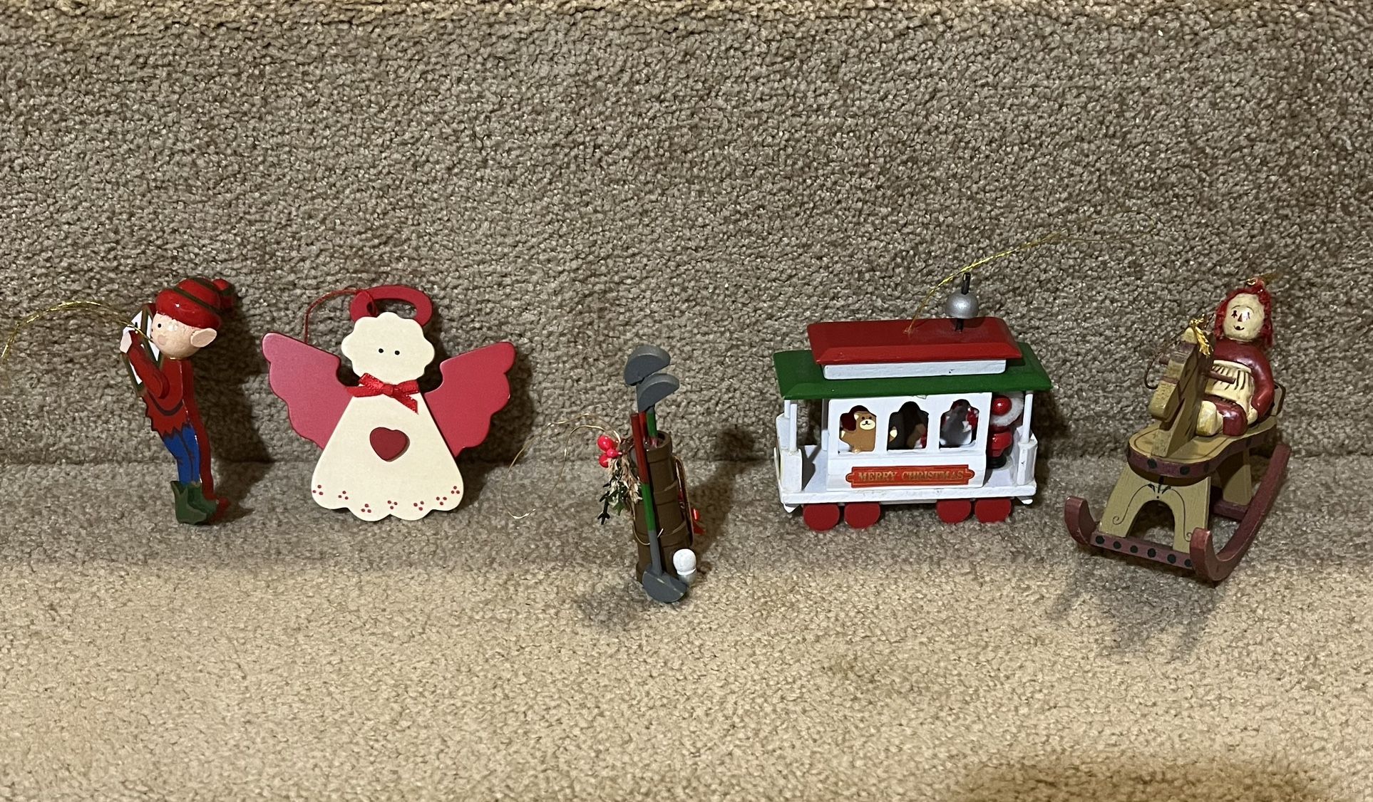 Wooden Vintage Lot of 5 Christmas ornaments Rocking Horse Golf Bag Elf Train car