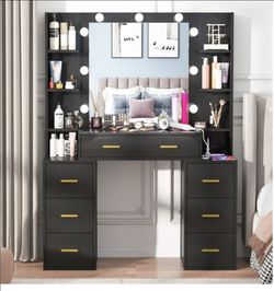 Black Vanity Desk with Lighted Mirror and Drawers