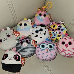 New Lot Of 9 Mini Ty Squishy Beanies Plush Clip On Keychain 3"