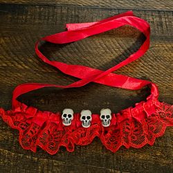 Red Lace Skull Garter with Satin Ribbon