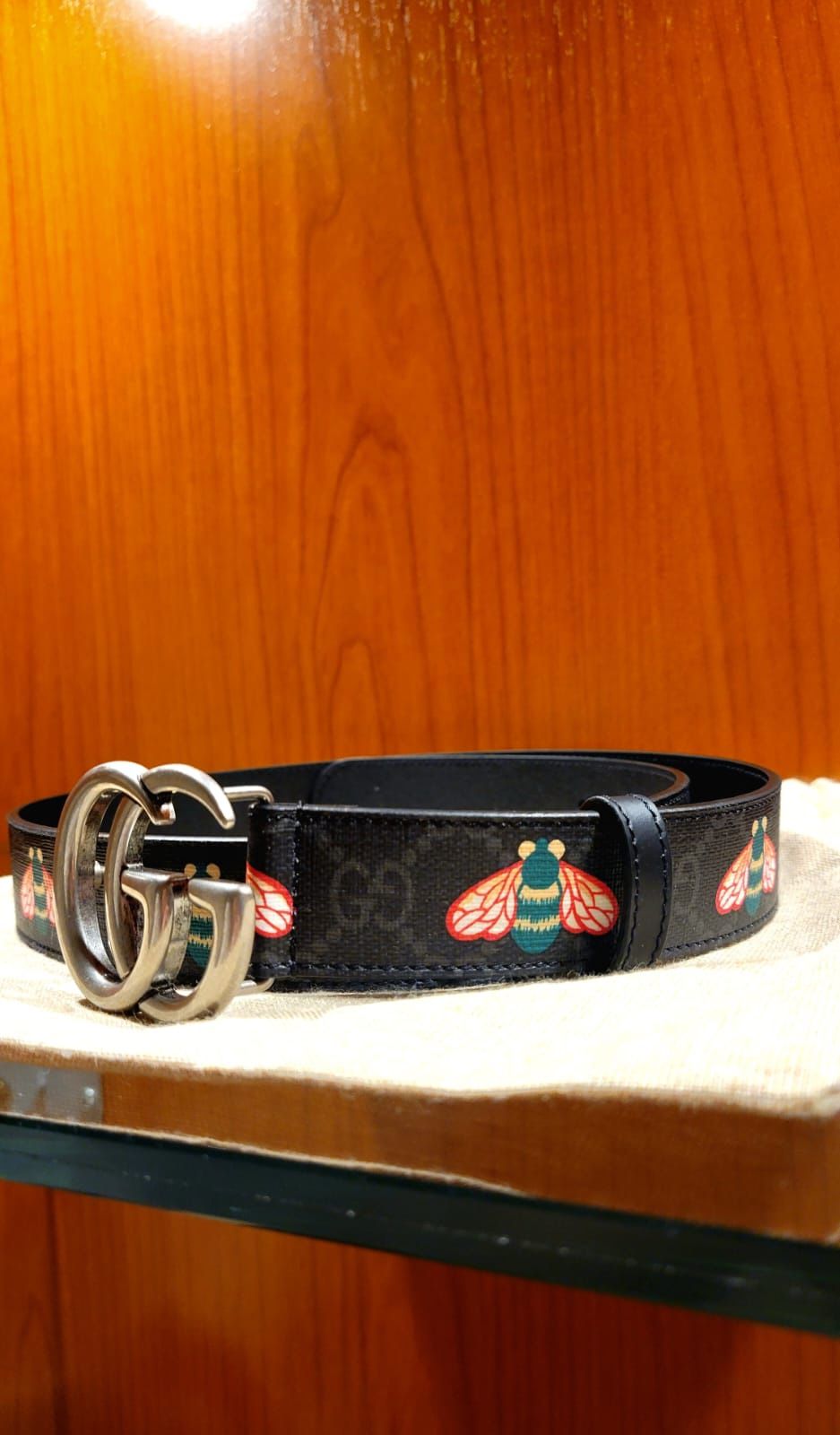 Gucci GG Marmont Supreme Bee Pattern Print Thin Belt (contact info removed)33 414516 80 32