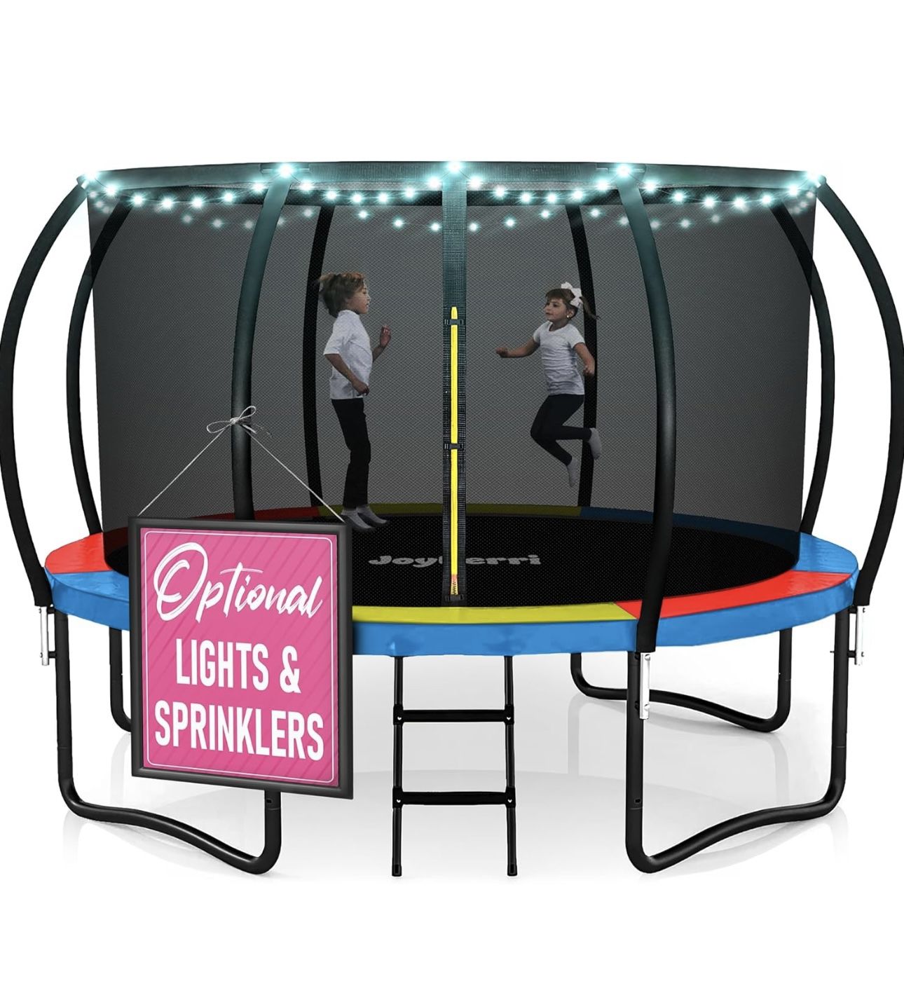 Joyberri 12ft Trampoline Outdoor Anti-Rust Coating with Enclosure Net, Ladder, Sprinkler & LED Light