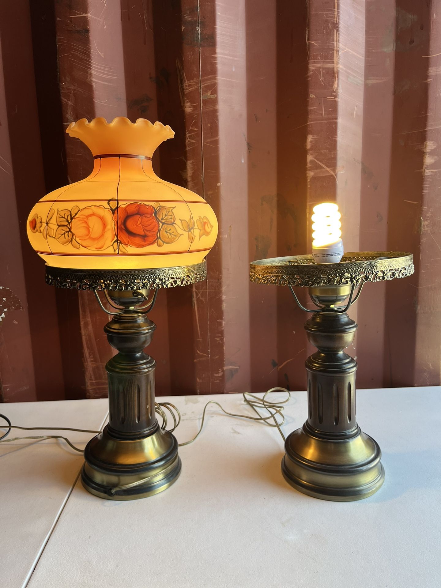 Pair of Vintage glass globe hurricane style table lamp with wood and bronze base
