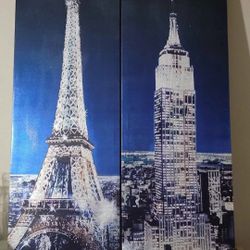 Eiffel Tower & Empire State 24-inch Long Bedazzled Hanging Wall Pictures
