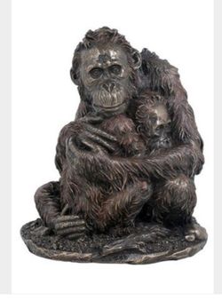 Mother Orangutan Hugging Her Baby Bronze Statue