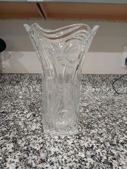 Vtg Czech Rep Lead Crystal Art Glass Vase Sweeping Circles Scrolled Design 14"