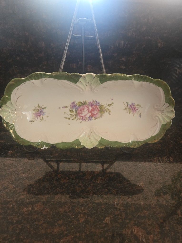 Vintage Floral Porcelain Tray – Green & Gold Border, Small Chip