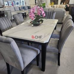7 Piece Faux Marble Top Dining Table Set  