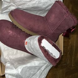 Ugg Mini Bailey Bow Glimmer Faux Fur Lined Burgundy Boot
