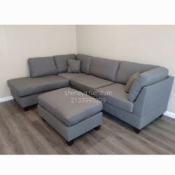 Gray/beige Sectional Sofa New With Ottoman 
