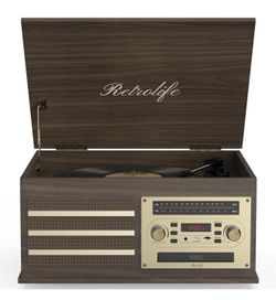Vinyl Record Player 10-in-1 Music Center Turntable Built-in Speakers Support 3 Speed BT Wireless Input/Output AM/FM Radio CD Cassette Tape Player Aux 