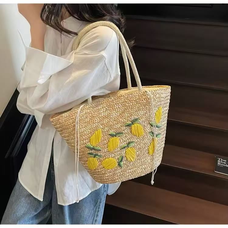 Lemon Beach Vacation Bag, Lemon Straw Bag Embroidery Large Straw Woven Shoulder Bag
