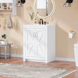Farmhouse Bathroom Vanity with Sink, Freestanding Bathroom Vanities with Ceramic Basin & Soft-Close Door, Wood Cabinet with Adjustable Shelf for Apart