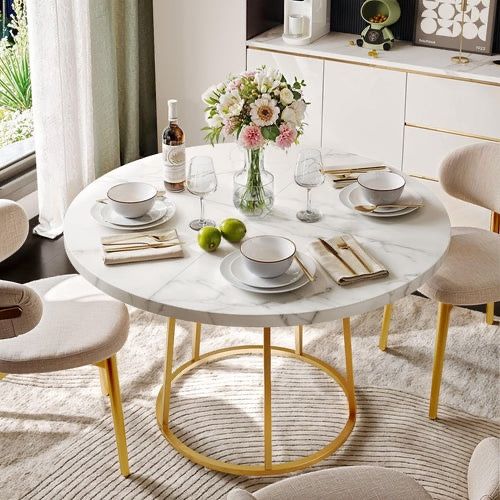 Round Dining Table, 47.24 Inch Kitchen Table for 4 People, Wooden Faux Marble Dinner Room Table with Gold Base for Home Dining Room Kitchen Restaurant