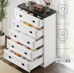 White 5-Drawer Tall Dresser with Black Top