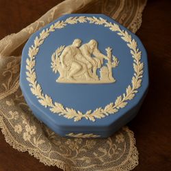 Wedgwood England 1960s Blue Jasperware Octagonal Trinket Box Sacrifice Scene
