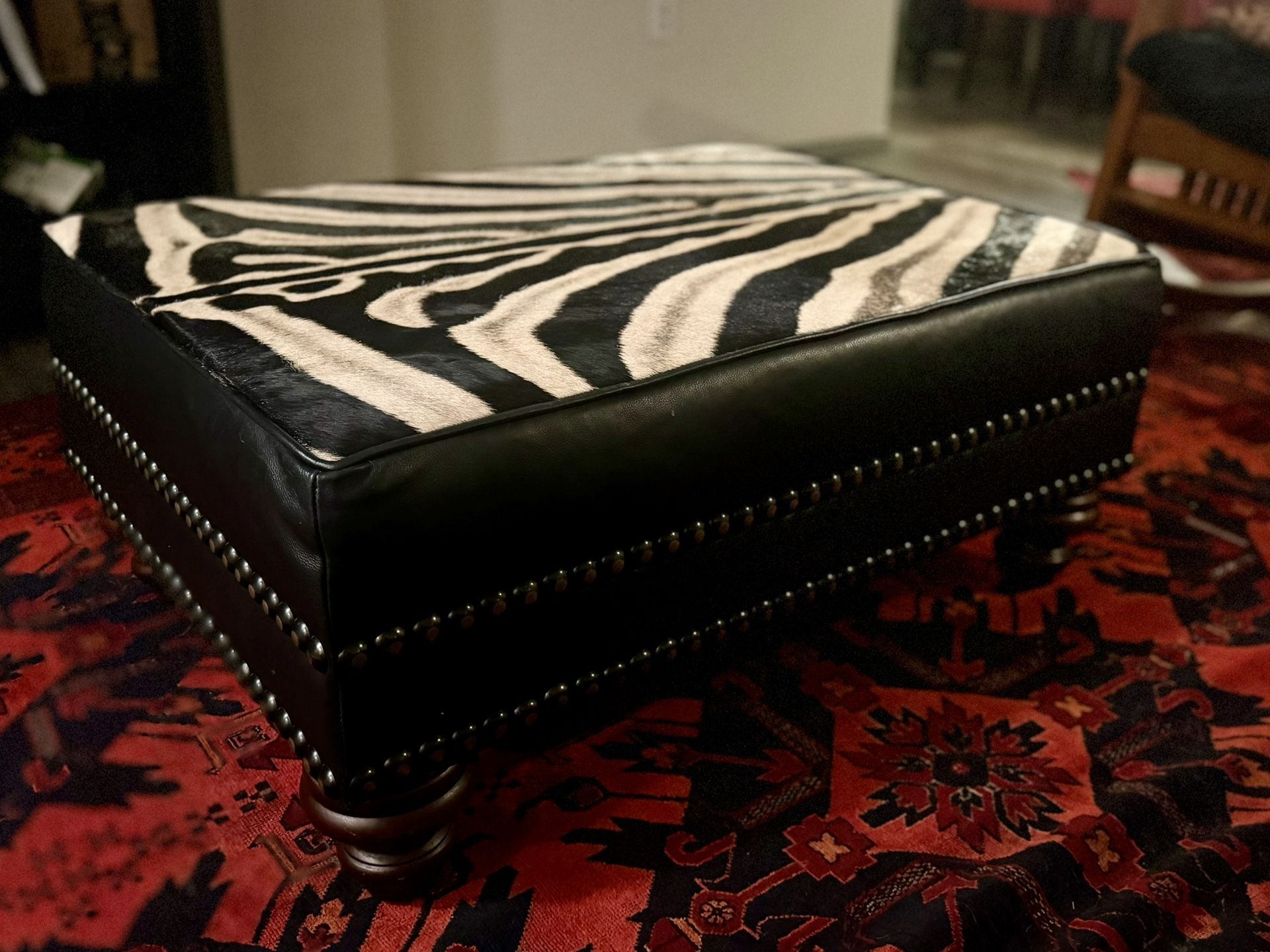 BURCHELL ZEBRA HIDE SKIN & LEATHER OTTOMAN