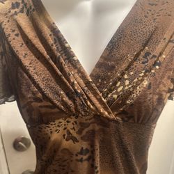 Y2K Brown Animal Print Mesh Ruffle Top