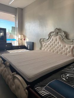 Gorgeous Beige and Silver Accent King Bed Frame