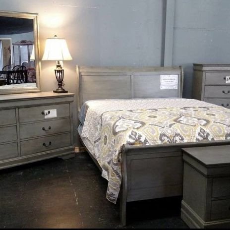 Louis Gray Queen, king, twin, full bedroom set - bed frame- tall dresser, nightstand and chest, mattress options