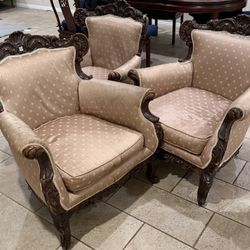 3 Vintage Carved Wood Accent Chairs / Armchairs – Solid Wood Frames 