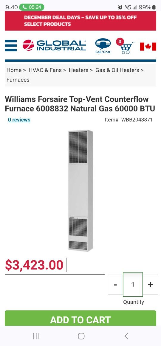 Williams Forsaire Top-Vent Counterflow Furnace Natural Gas 60000 BTU .