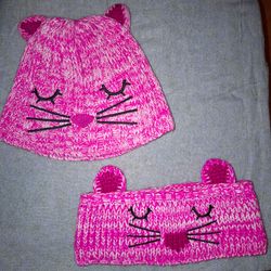 PINK KITTY BEANIE HAT & HEAD EAR WRAP SET