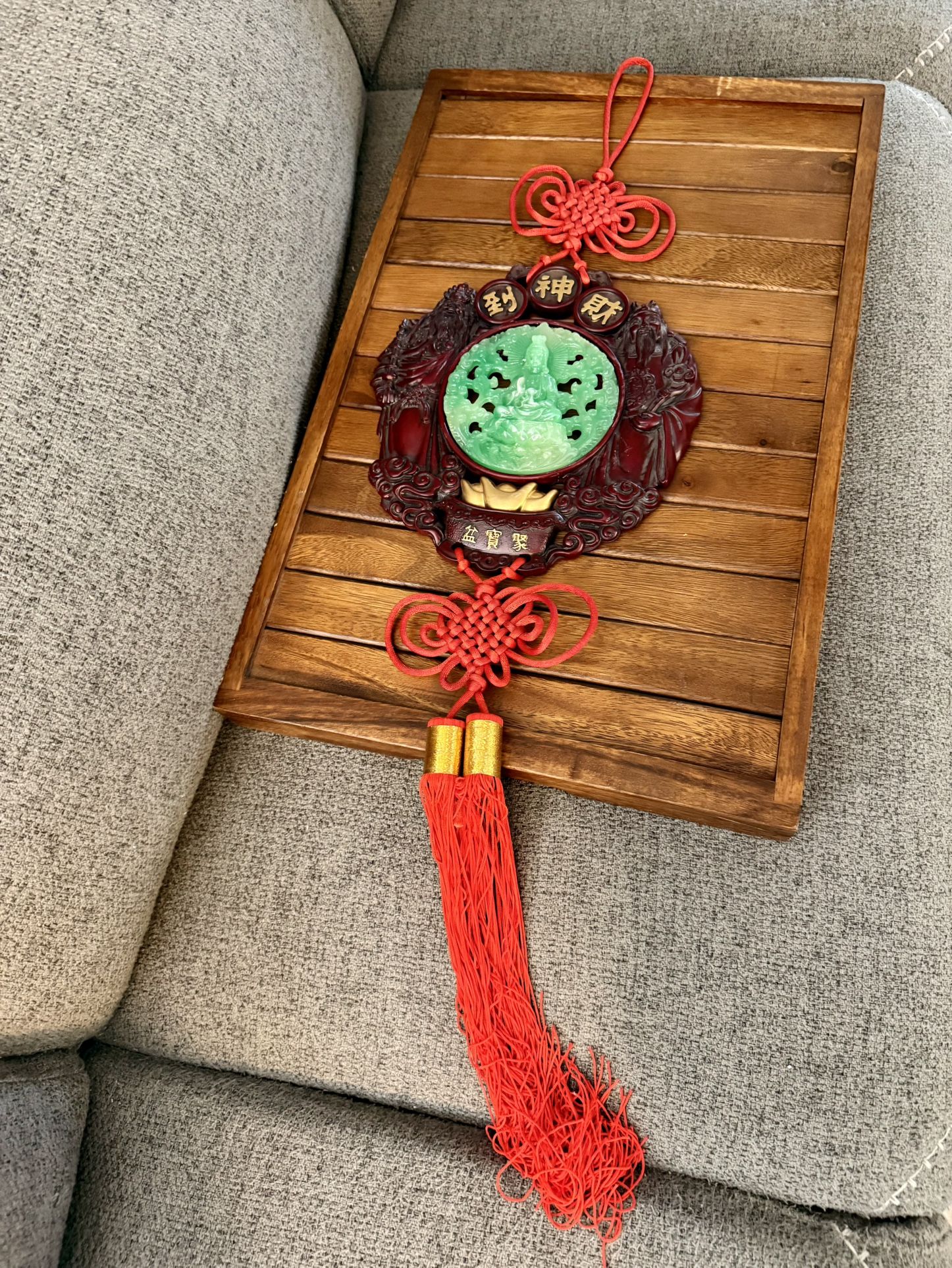 Vtg 36” Wall Hanging Chinese Culture Red Knot Happy Buddha Resin Green Faux Jade Wall Hanging